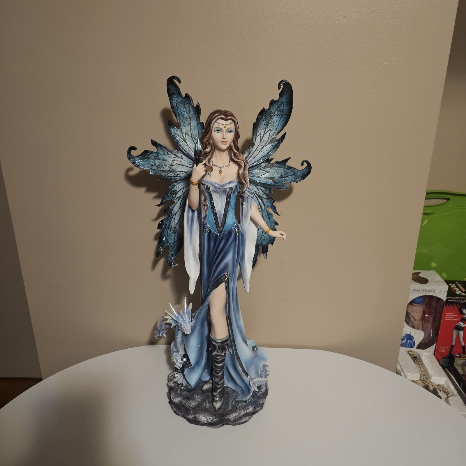 Fantasy Fairy Woman Figurine with Blue Dragon Blue Dress Painted Resin Statue