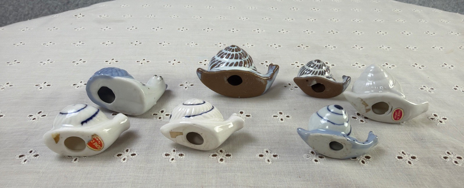 Hand‑Painted Mini Ceramic Snail Figurines (7) Blue & White 1-2” Japan Taiwan
