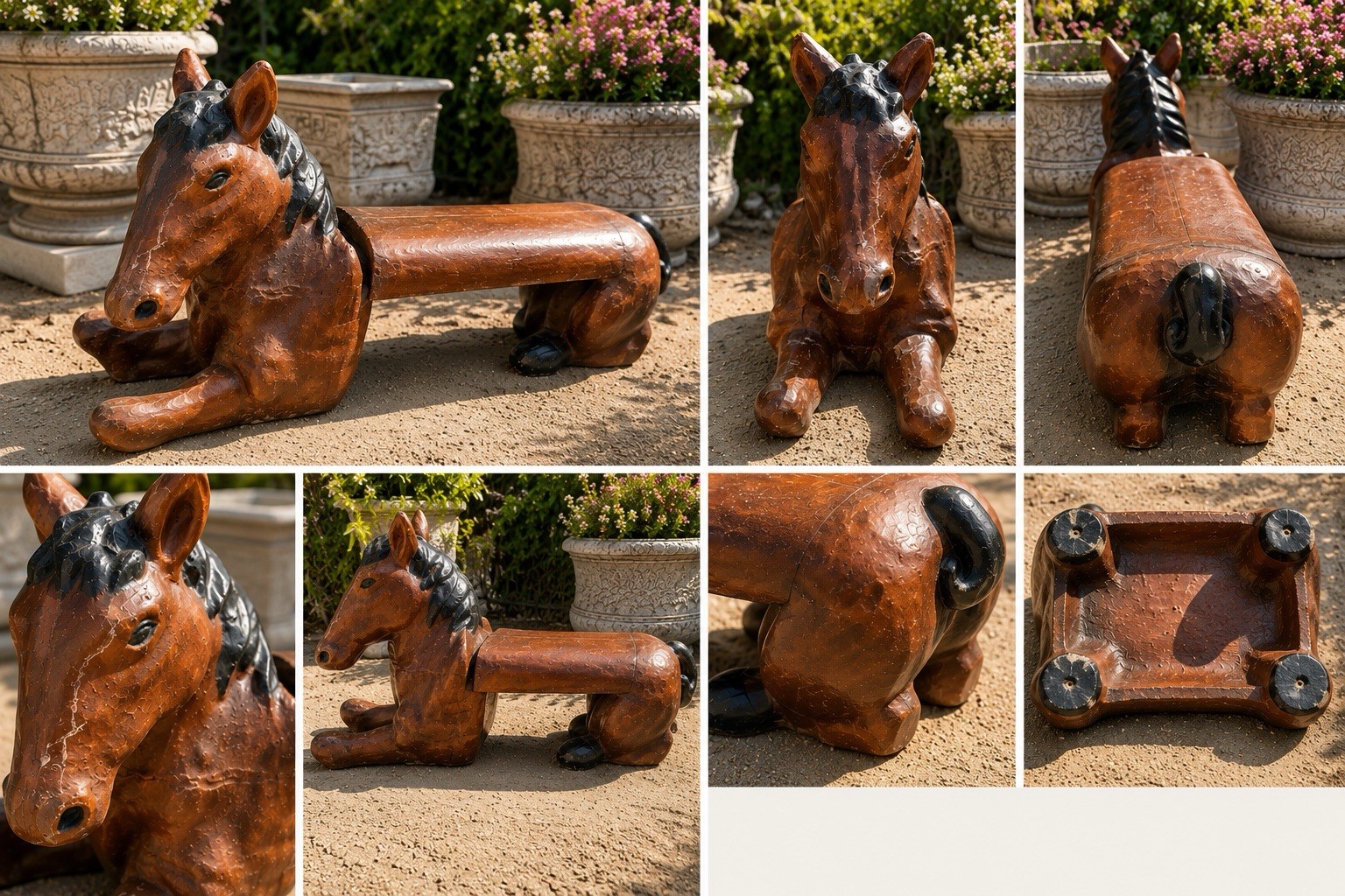 Hand Painted Wooden Horse Figurine Bench Decor Brown/Black 3D Effect