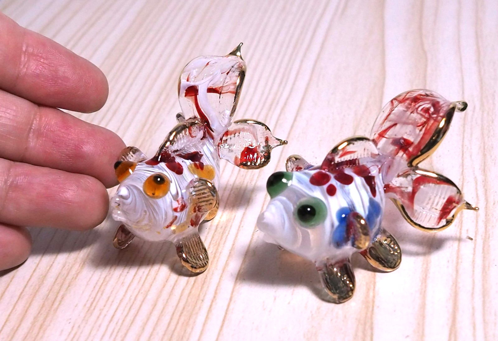 2 pcs. Goldfish figurine handmade blown art glass gold trim 2.5 in Gift decor