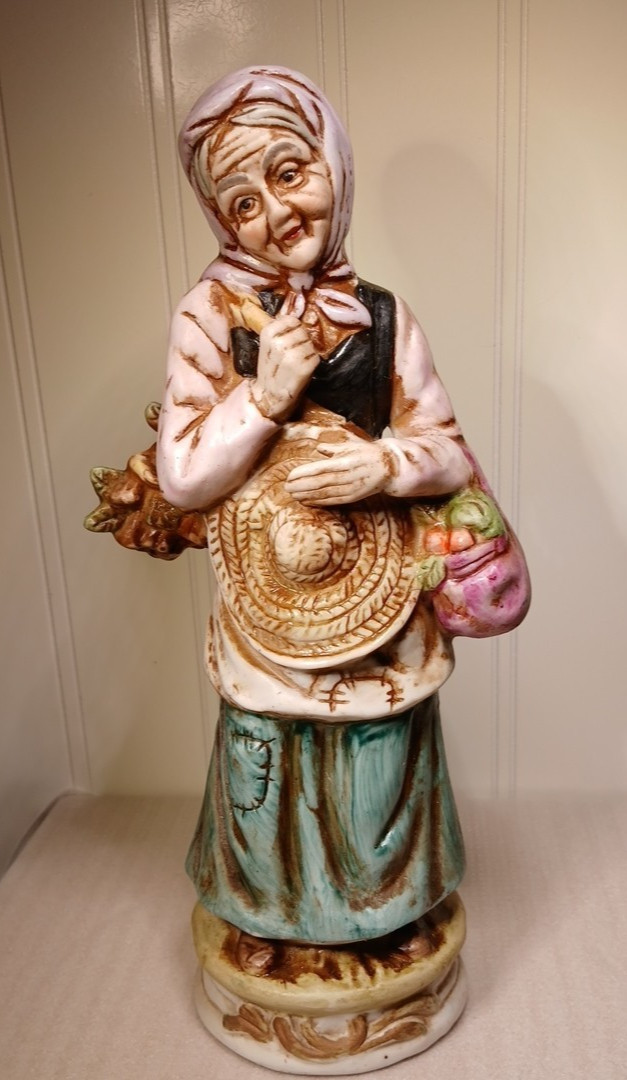 Vintage Peasant Farmer Woman Figurine Carrying Vegetables Porcelain 9″