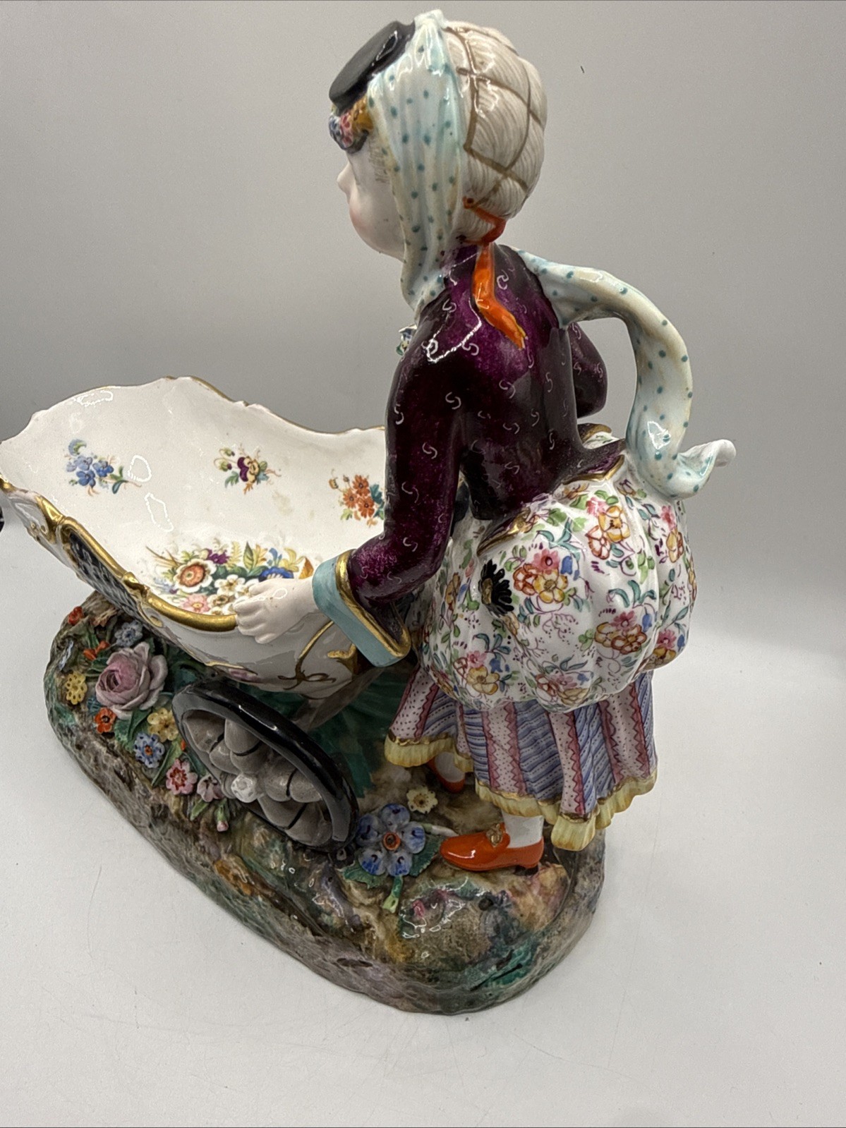 Antique 1880-90 Hand Painted Sitzendorf Porcelain Figure Flowers Wheel Barrow