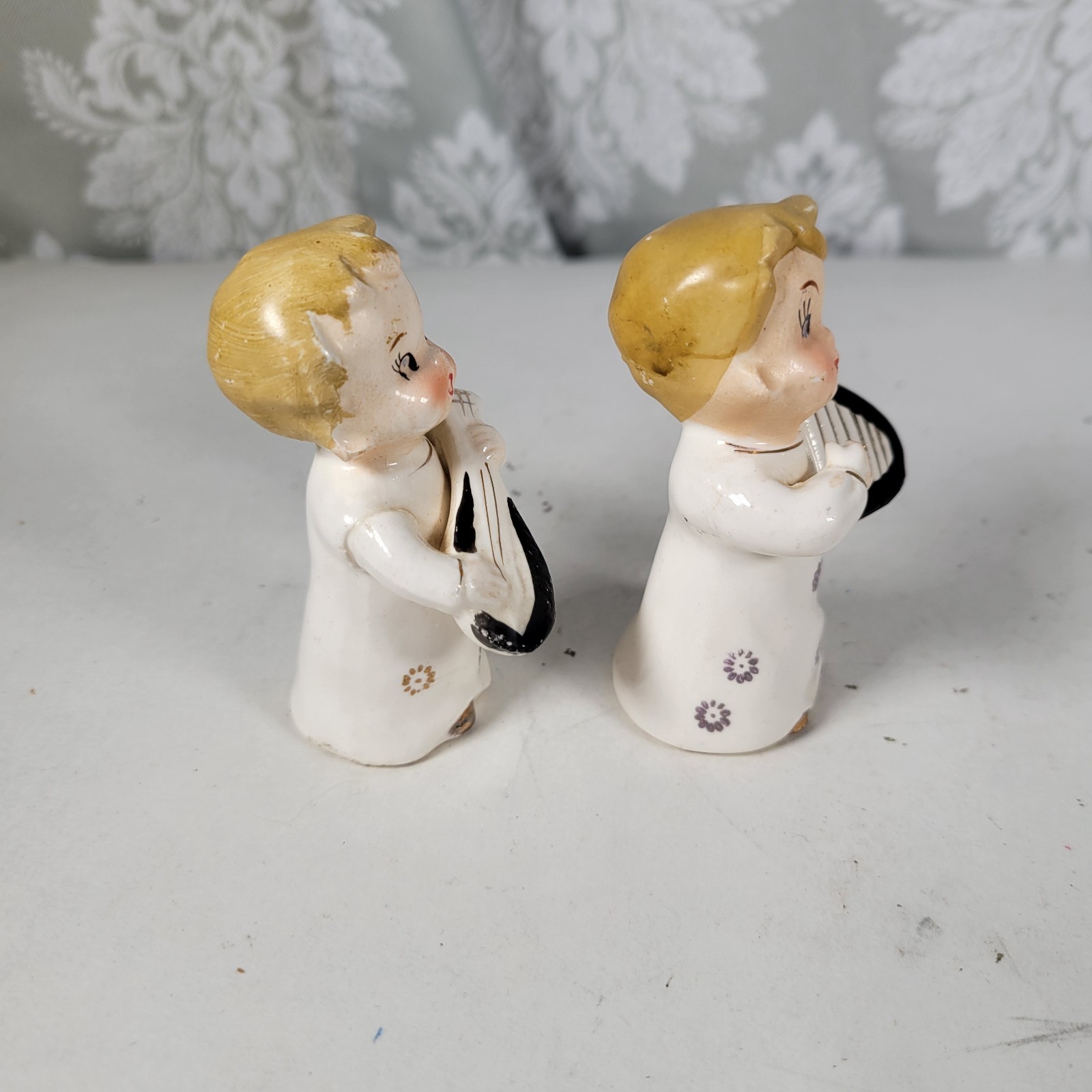 Two vintage musical boy angel figurines – gold gilded lute and harp made in Japa