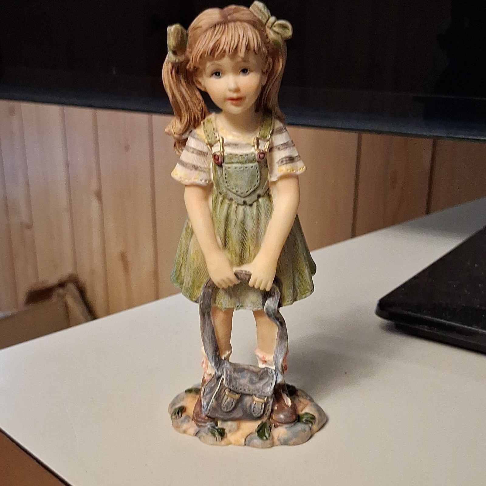 Hand Painted Girl Figurine Green Dress Resin Traditional Matte Sculpture
