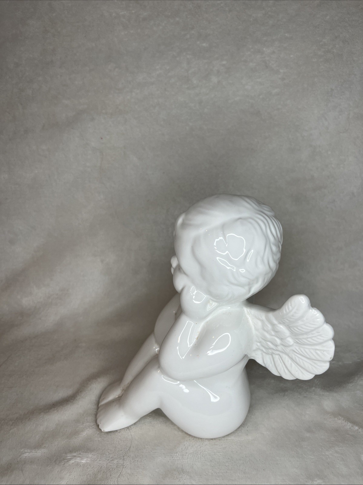 Vintage White Ceramic Praying Angel Figurine Cherub Shelf Decor Glossy Finish