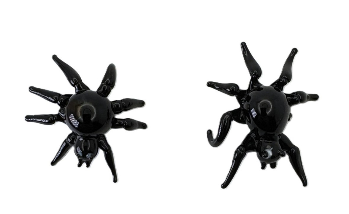 Miniature Black Spider Art Hand Blown Glass Figurines Set of 2