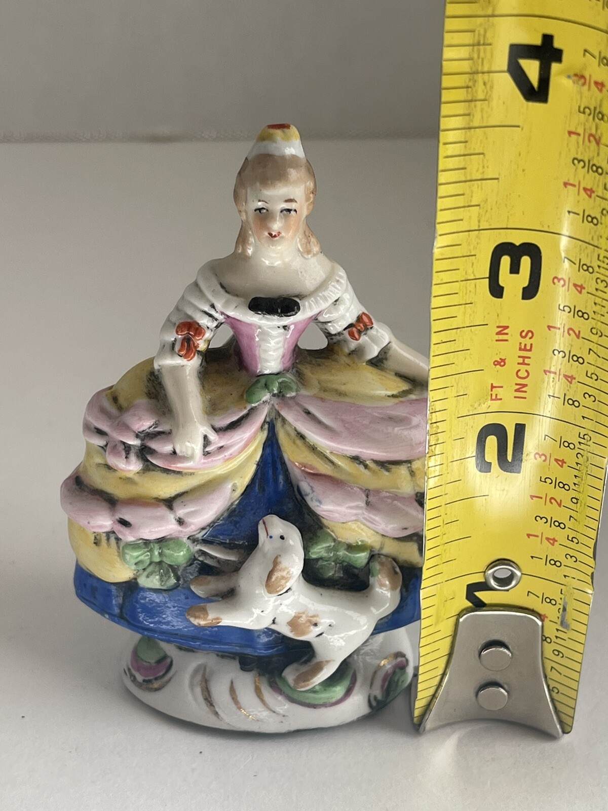 Antique German Porcelain Court Lady with a Dog Figurine 18310 3 1/4”Hand painted