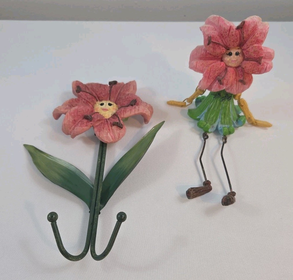 Anthropomorphic Resin Pink Lily Flower Shelf Sitter Figurine + Wall Hook Set