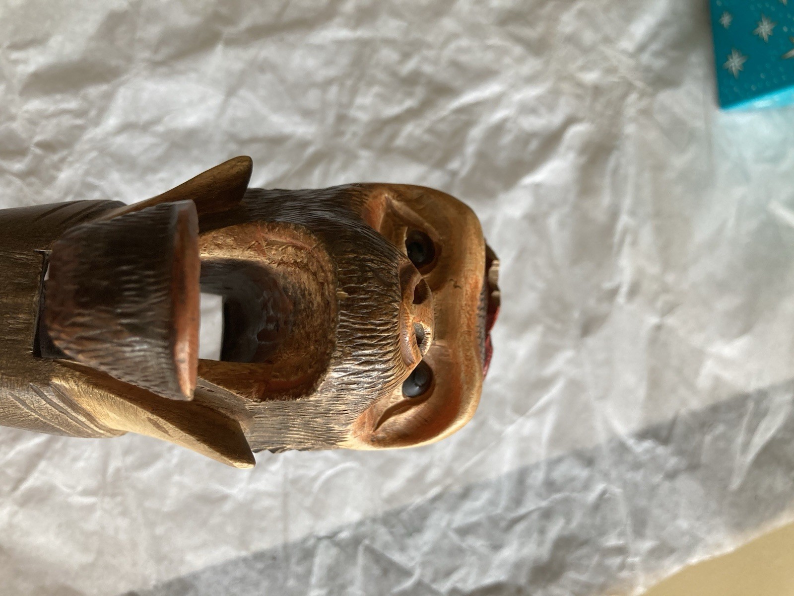 Vintage BLACK FOREST Swiss Carved Wood Ape With Collar & Glass Eyes NUTCRACKER