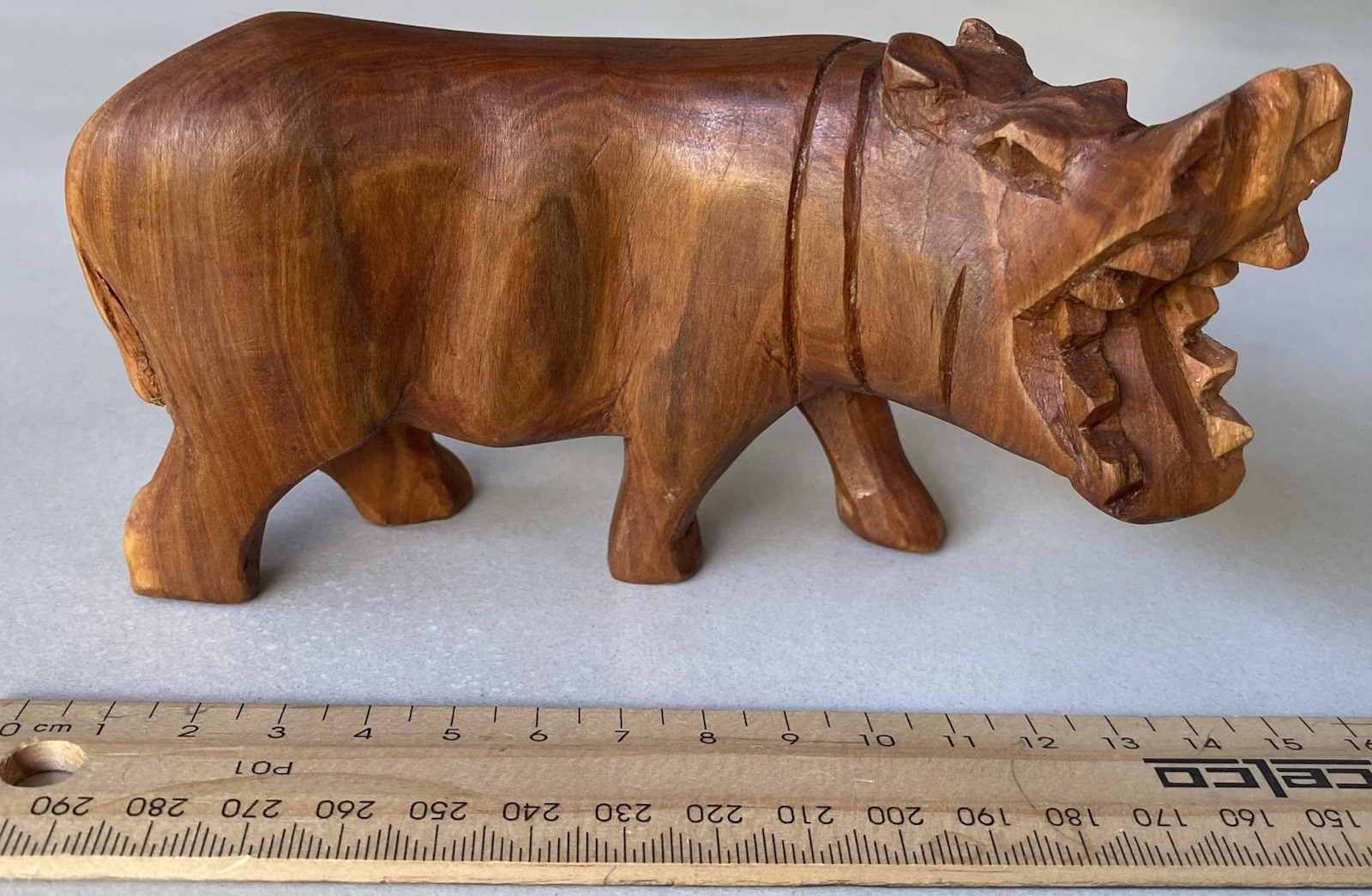 Carved Solid Timber Vintage Wildlife Figurines Hippo 15cm & Rhino 9cm