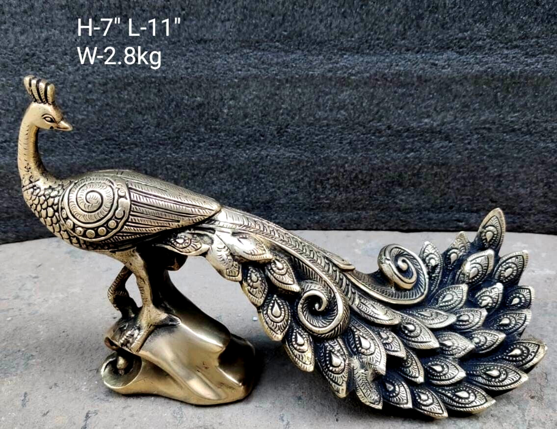 Sitting Peacock Statue Antique Style Handmade Brass Figure Home Décor Figurine