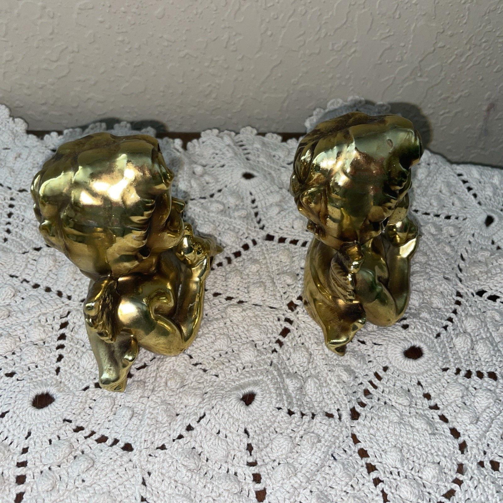 2 Vintage Ceramic Gold Cherub Angels Shelf Sitters Bright Beautiful NUMB #E-2550