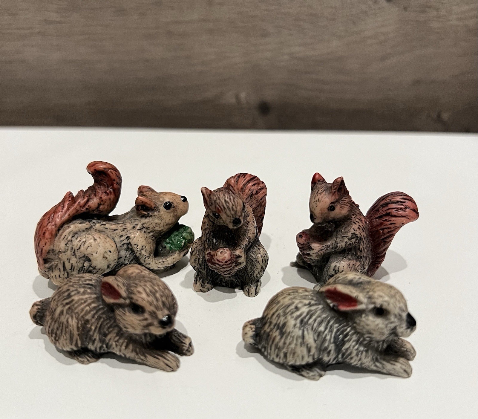 Vintage 1980s Squirrels with Nuts & Rabbits 1.5” Mini Resin Figurines Set Of 5