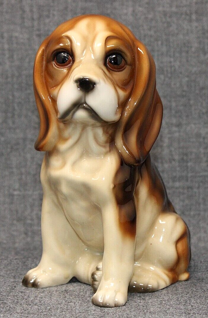 Vintage ENESCO JAPAN Brown & White Glazed Porcelain Puppy Dog, 6 1/2″ VGUC
