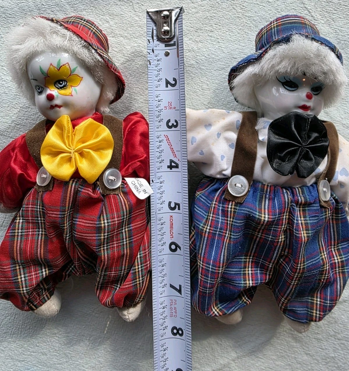 Set of 2 Porcelain Hobo Clown Dolls 7.5” Shelf Sitters Plaid Outfits Each…
