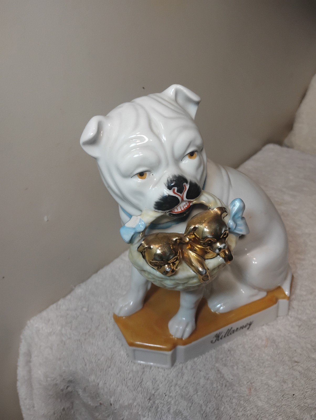 Antique Heubach or Grafenthal Porcelain French Bull Dog w Basket of 2 Gold Pups