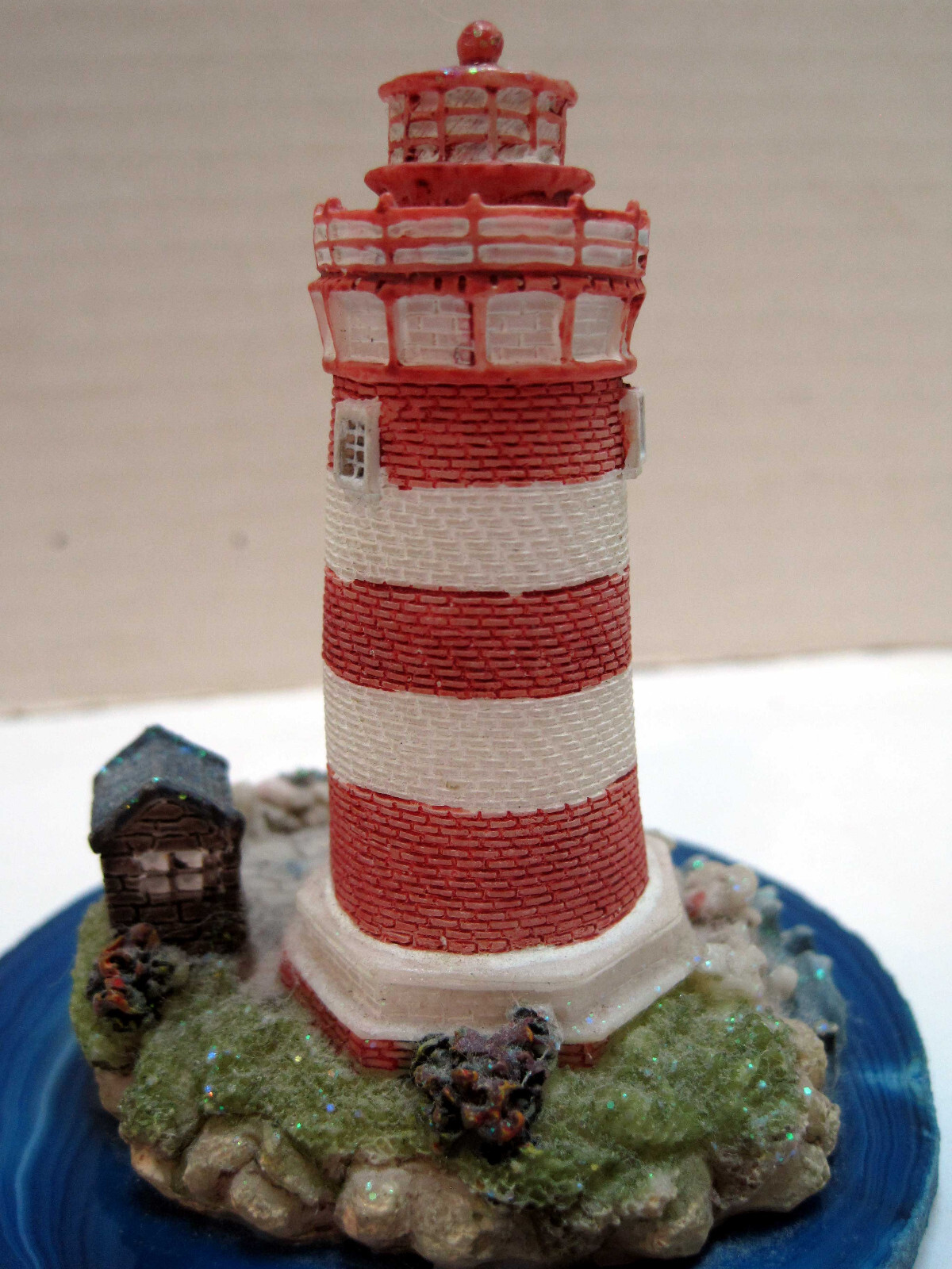 Vintage Lighthouse On Ocean Blue Agate Stone Base Hand Painted Made in Brazil