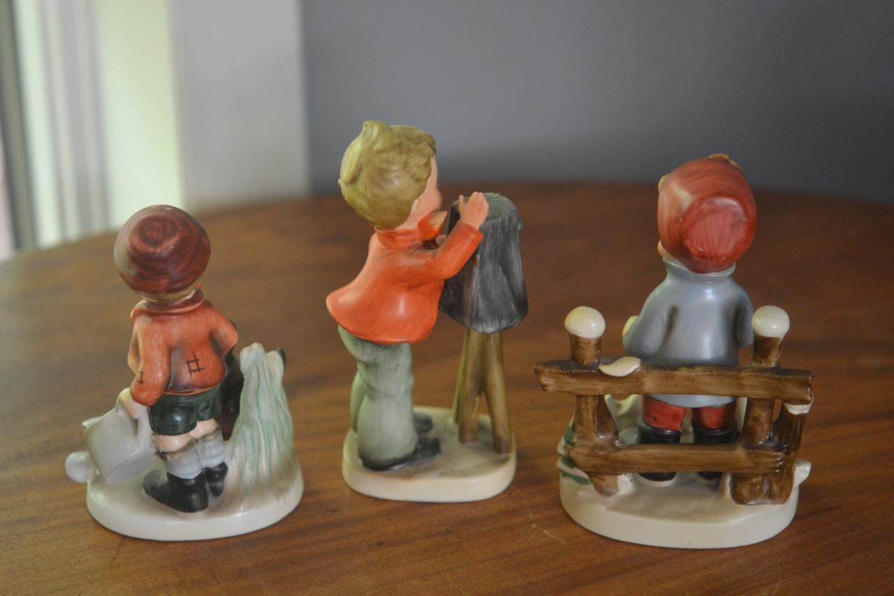 3 Vintage Hummel Style Figurines Boy w Dog Cameraman Boy w Snowball Napco + VG