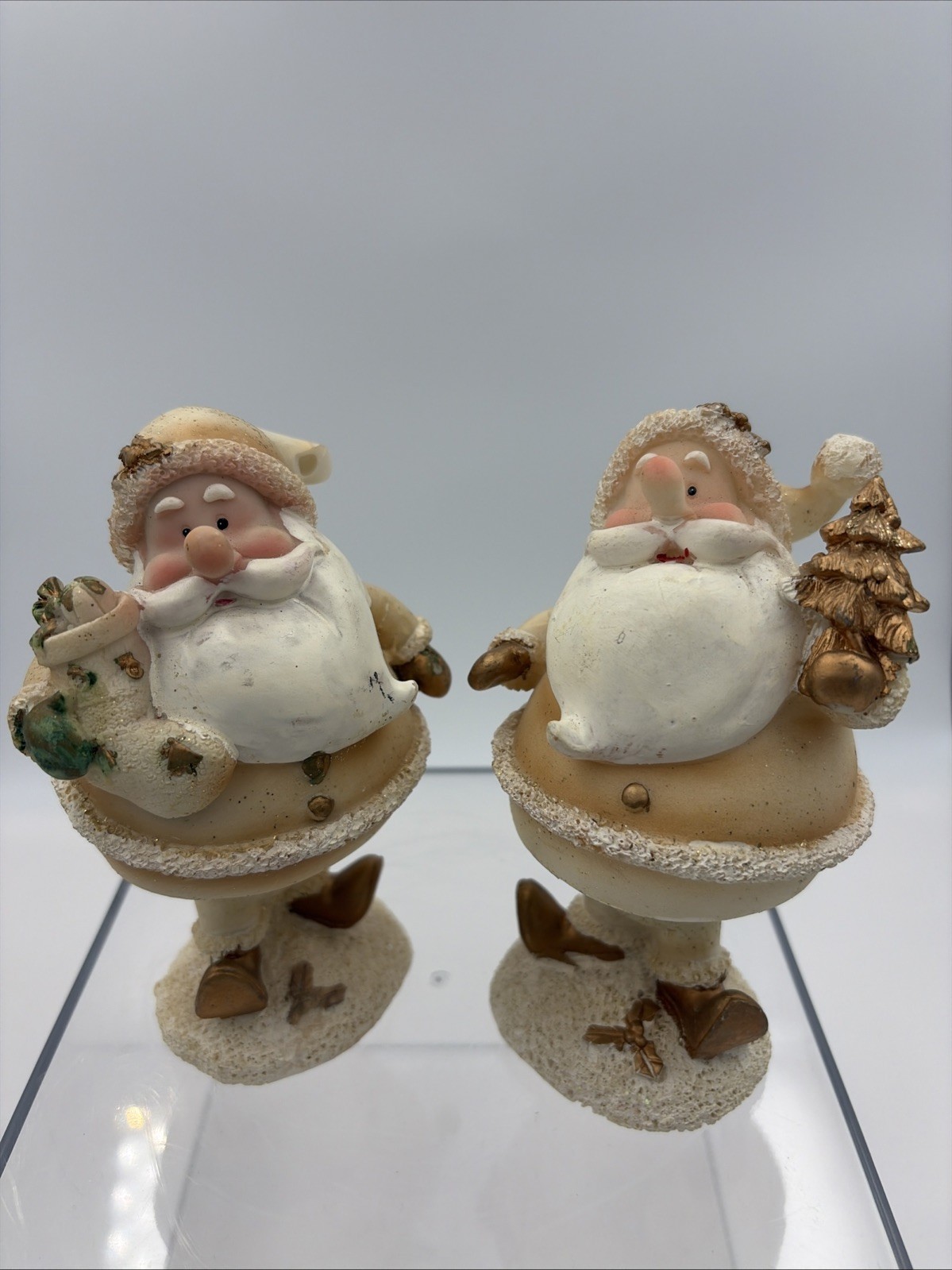 Pair Of Green Briar, Santa Bobble/Wobble Figurines, Gold And White
