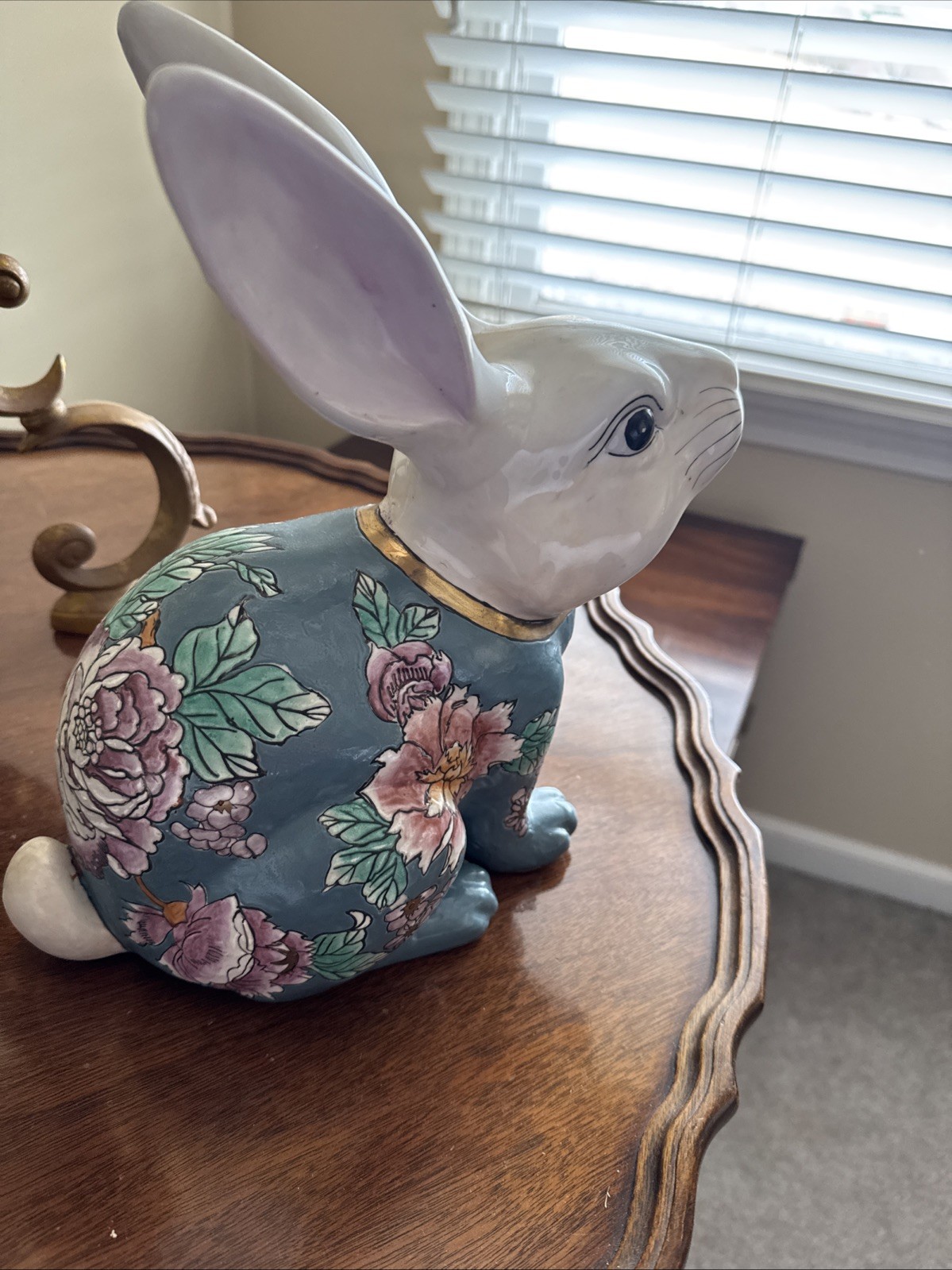 Large Porcelain Hand Painted Rabbit ,Teal Lavender Orange Metallic Gold 12 Inch