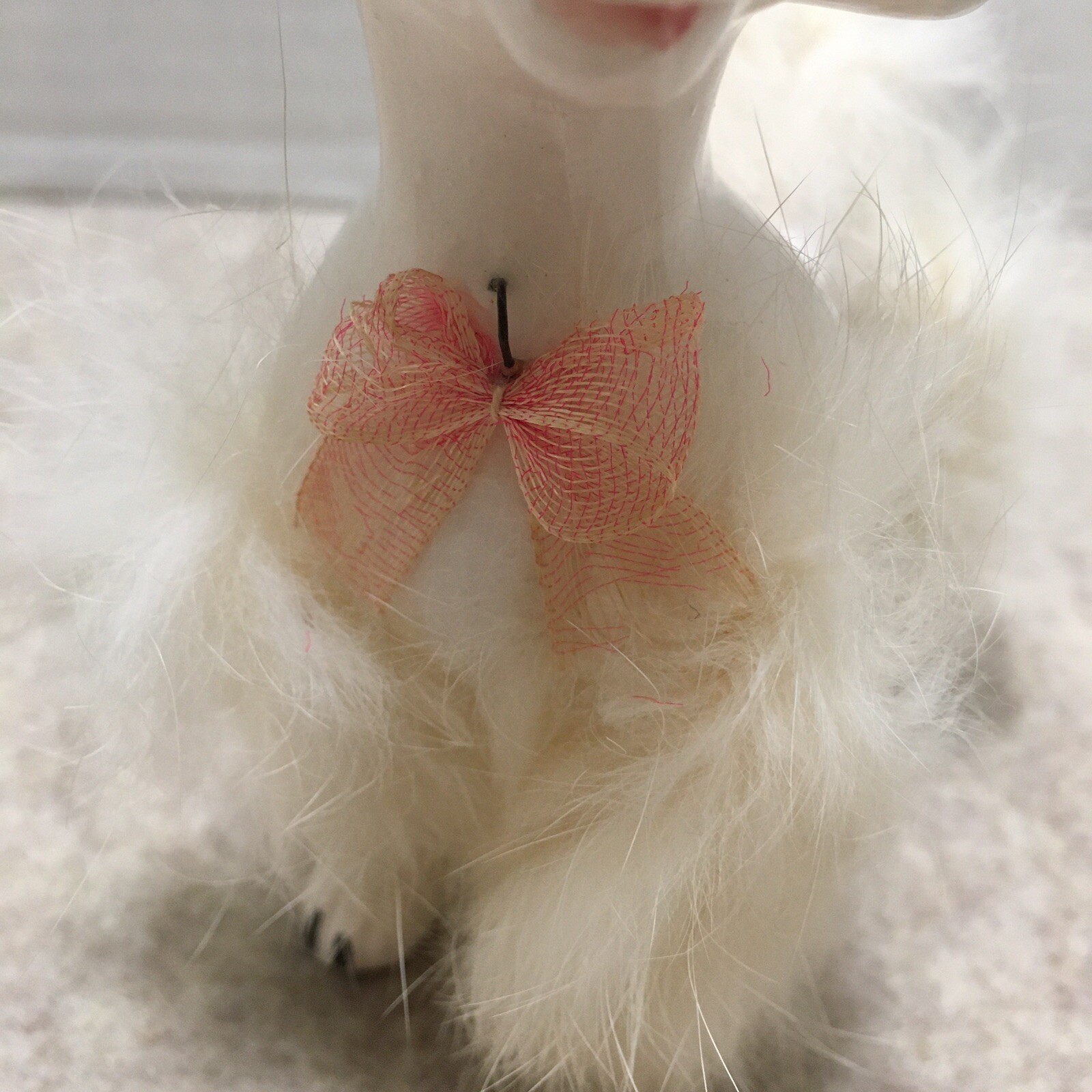 2 Giftcraft Poodle Ceramic Dogs White Angora Fur Figurines 5″ & 6″ Pink Bows