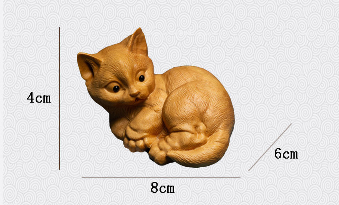 8CM Boxwood Cat Sculpture Animal Cute Wood Lying Kitten Statue Lucky Home Decor