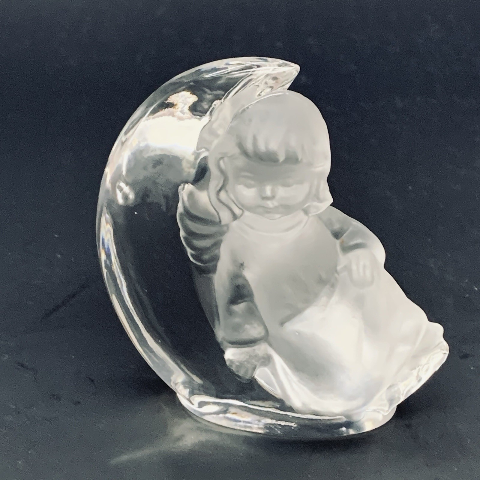 Crystal Figurine Goebel Clear Frosted Glass Angel Child on Moon 3.5” Tall