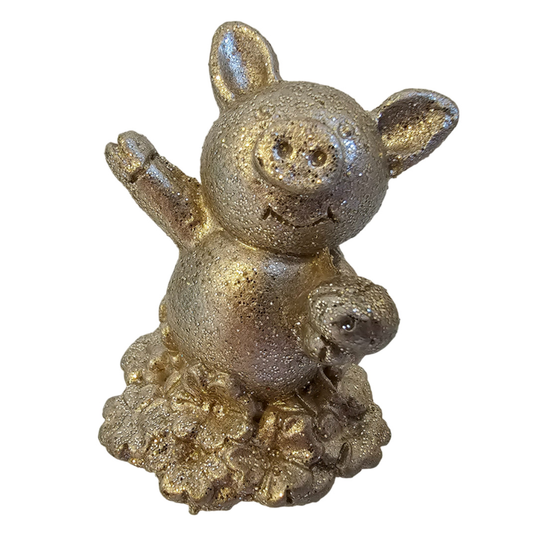 Pig Holding Ladybug in Clover Field Mini Figurine Sparkle Glitter Champagne 2″