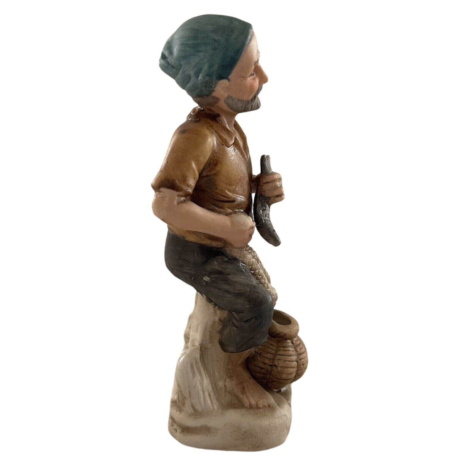 KSM Figurine Fisherman Man Holding Fish Net Ceramic Nautical Vintage REPAIRED