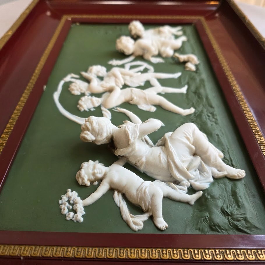 Superb Green Jasperware Plaque Maiden Children Rabbit Scenic High Relief German