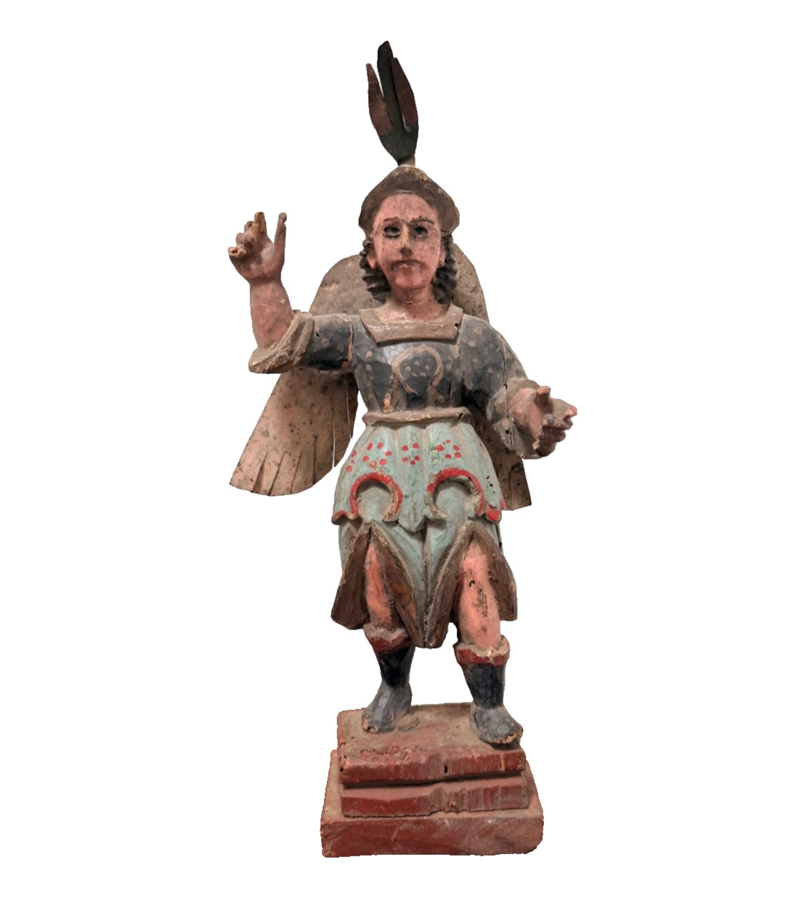 Vintage Hand Carved Santos Style Angel Figure Polychrome Wood Tin Wings 12.5”