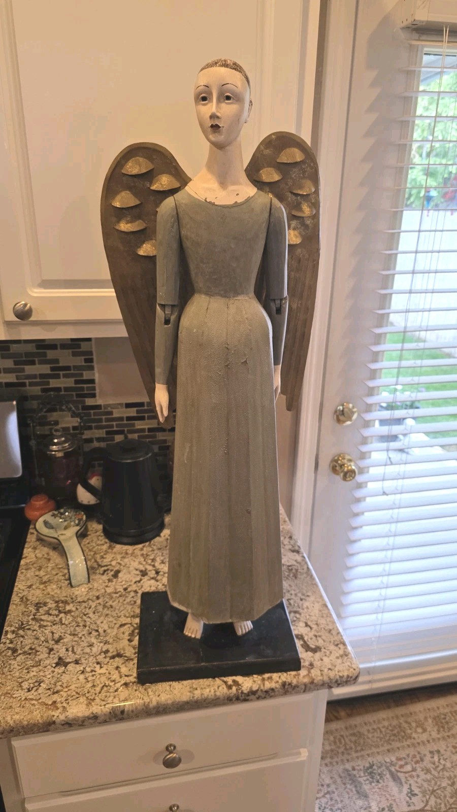 Santos Cage Doll w Tin Skirt Guardian Angel 33″ Jointed Arms Reproduction Wood