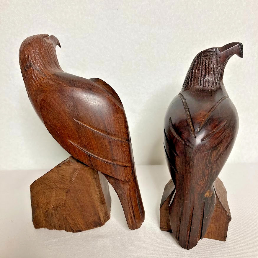 2 VTG Eagle Hawk Falcon Hand Carved Ironwood Pedestal Sculpture 5” & 5.5” Pair