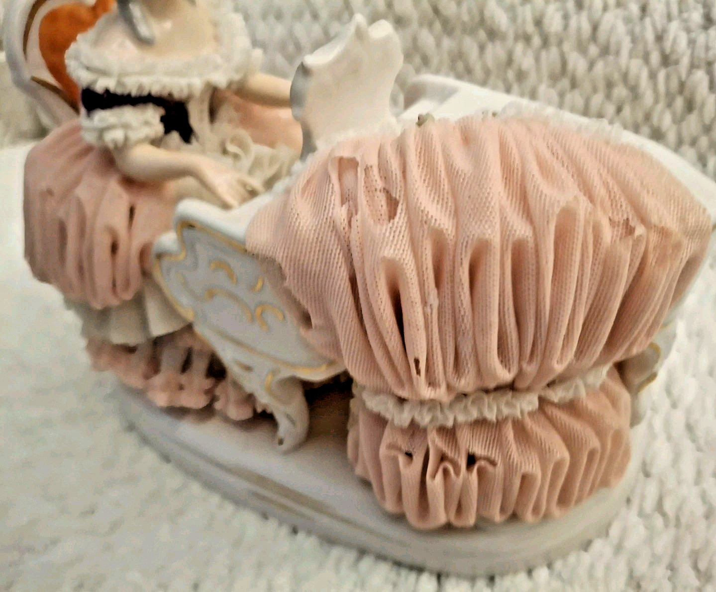 Dresden Lady (Playing Piano) in Pink & White Lace Dipped In Porcelain Germany