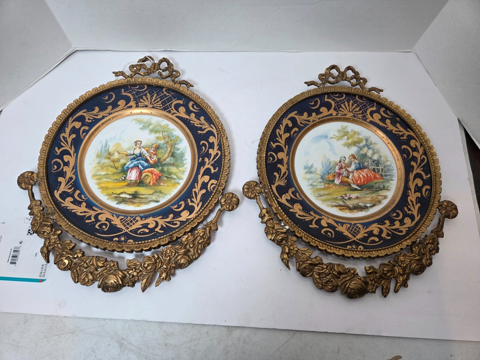 Pair of ornate Sevres style porcelain plate in brass Frame louis XVI wall plates