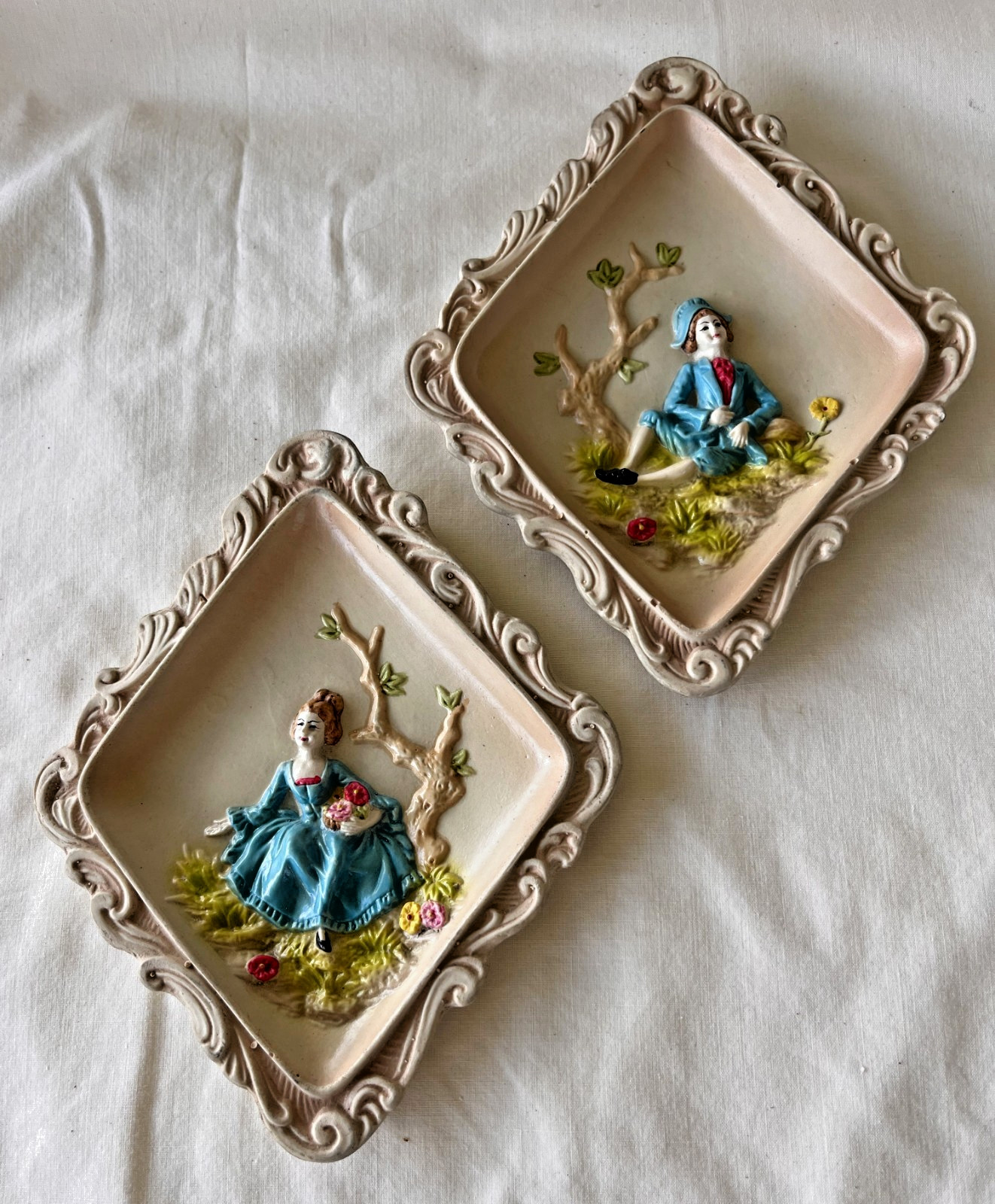 Chalk Ware 3D Wall Plaques Set Victorian Man Woman in Blue Vintage Triangle Two