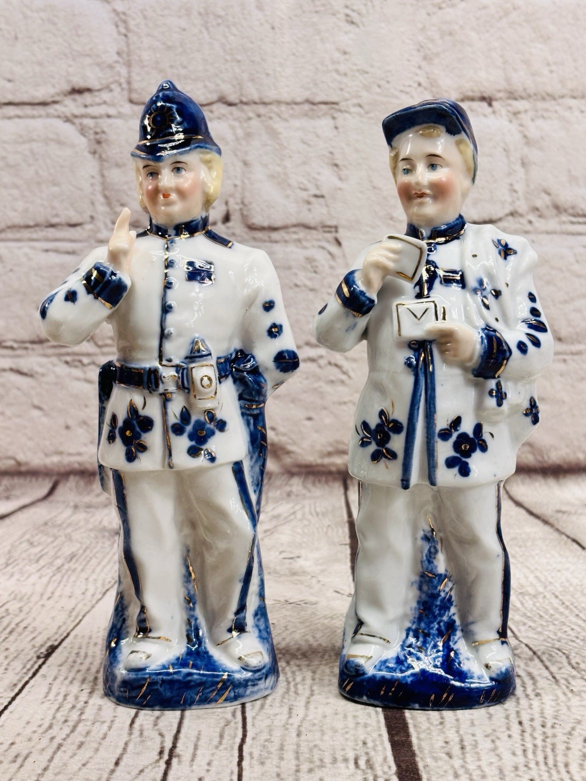 Antique German Porcelain Trade Figurines Blue Gold Policeman Postman Set 7.5”