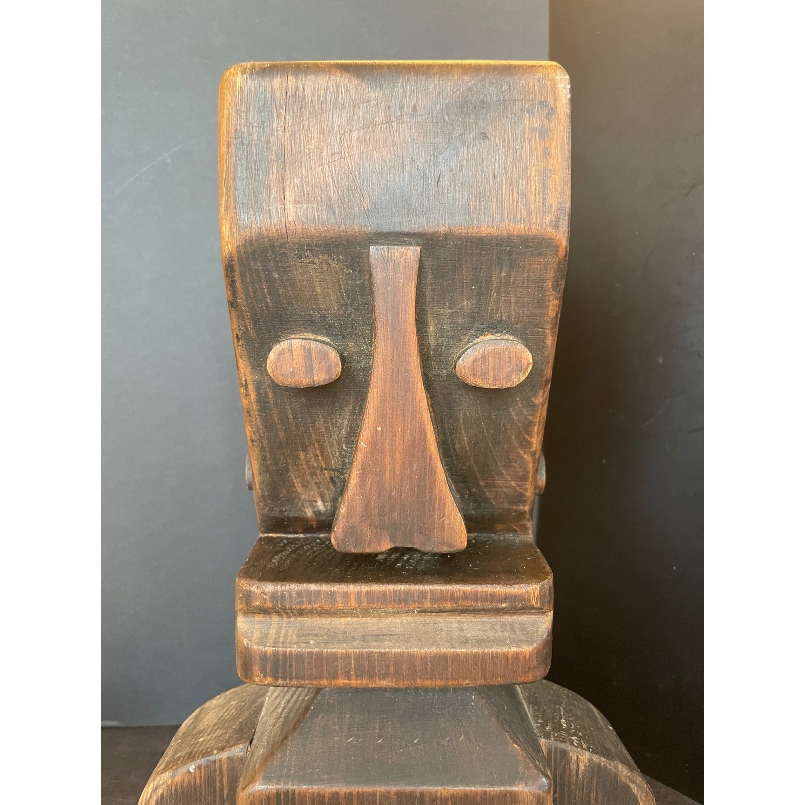 Vintage Hand Carved Wood Brutalist Bust Abstract Geometric Folk Art Sculpture