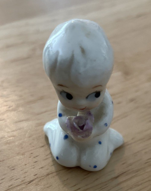 Vintage Miniature Baby Bone ChinaFigurine Hold Flowers Symbol N 1-3/4 inch Tall