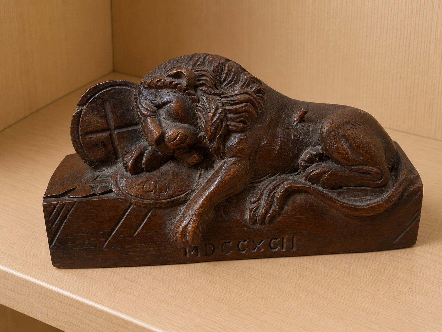 Black Forest Lion of Lucerne Carved Wood Sculpture Swiss Guard Tribute