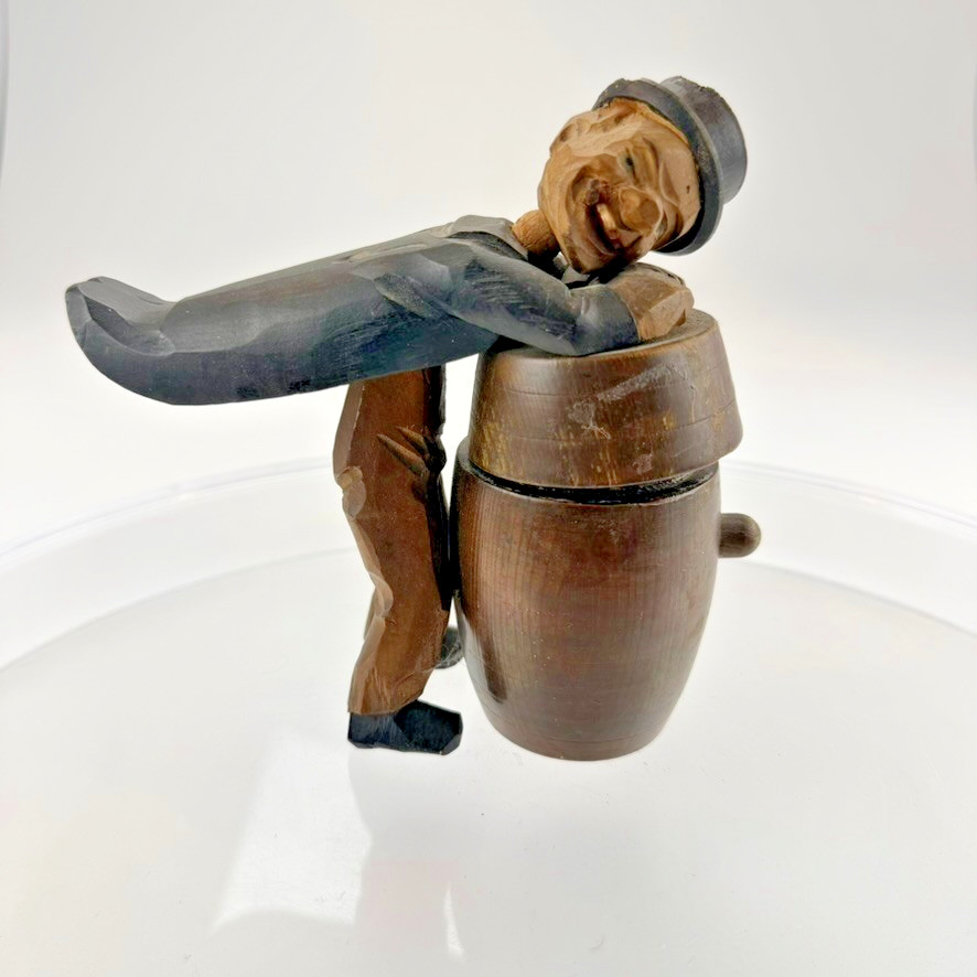 Vintage ANRI Drunk Man Wood Carved Cigarette Dispenser Mechanical Italy