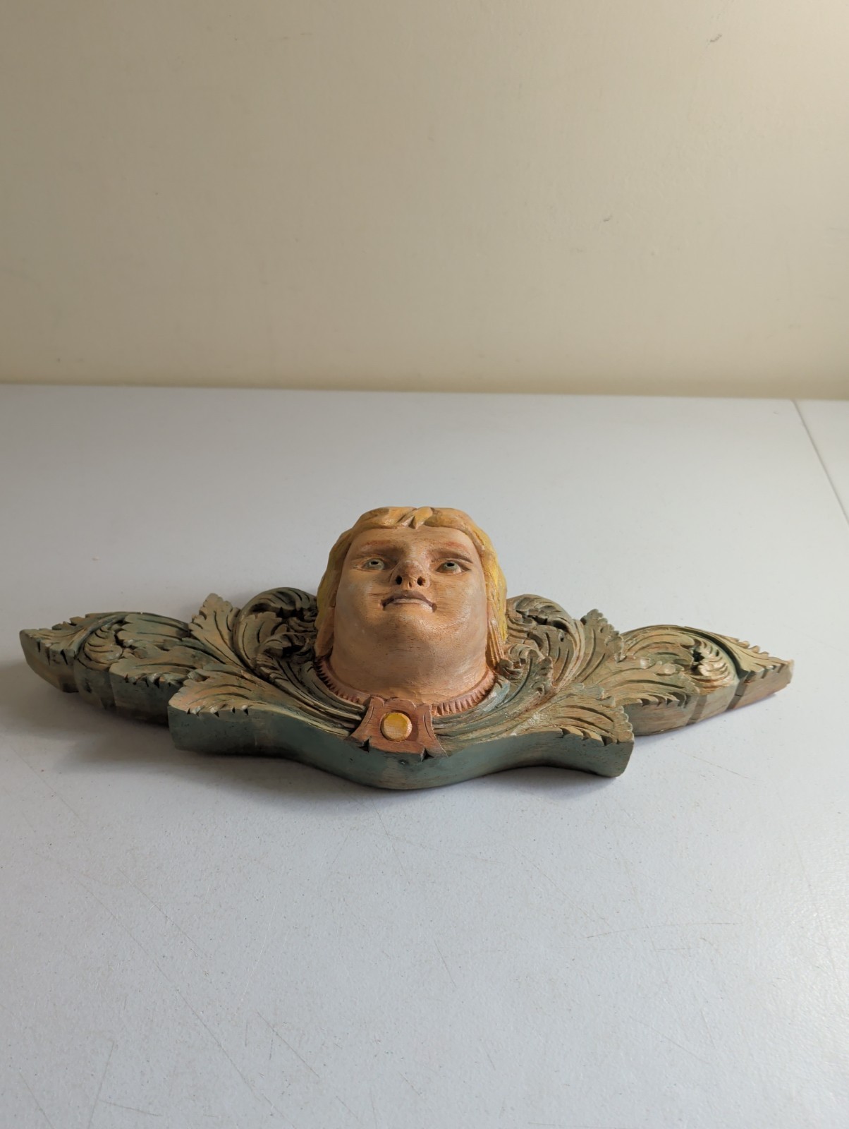 Vintage Hand Carved Solid Wood Angel Cherub Wall Plaque 19×7 Architectural Decor