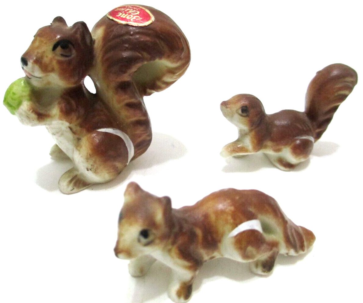 Vintage Bone China Miniature Squirrel Family SET OF 3 One with Nut 1 3/4″ Tall