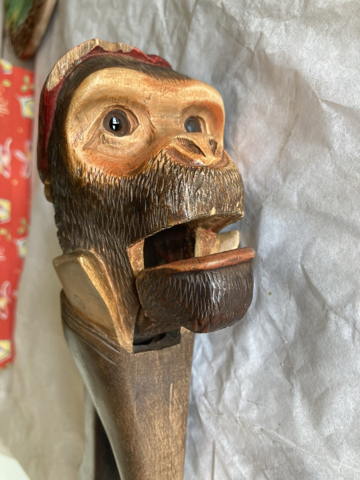 Vintage BLACK FOREST Swiss Carved Wood Ape With Collar & Glass Eyes NUTCRACKER