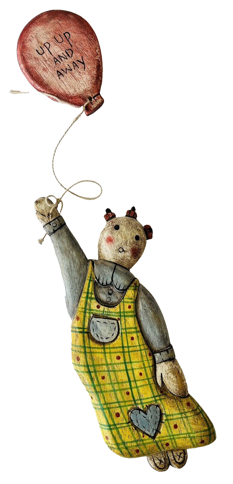 Primitive-Style Folk Art Girl Flying Holding Balloon Up Up & Away Carved Wood
