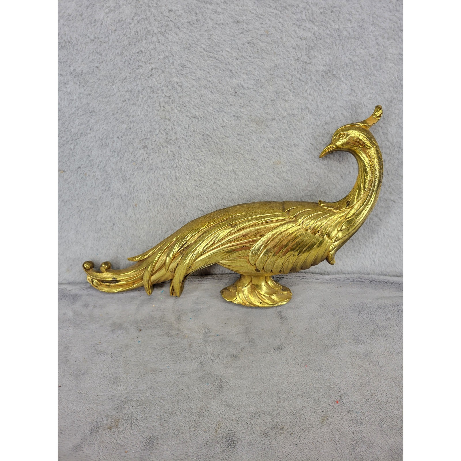 Vintage Gold Peacock Figurine Hollywood Regency Metallic Bird Statue 13 Inch