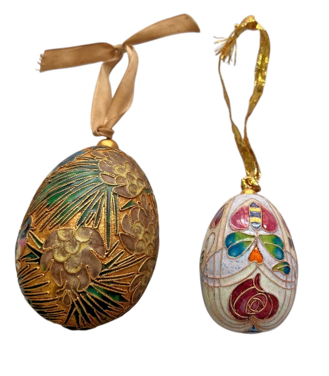 2 Chinese Cloisonne Egg Ornaments Enameled Flowers / Birds / Bees Vintage