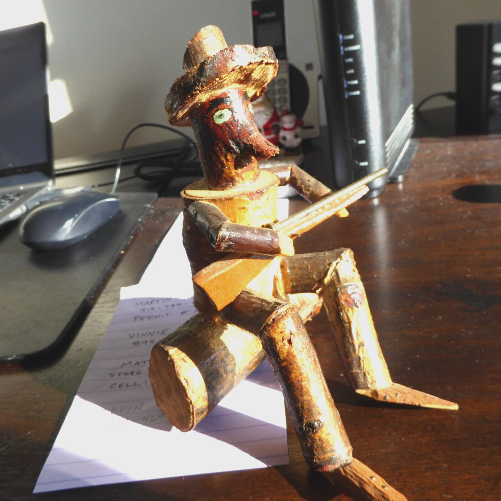 Vintage Artist Folk Art Wood Man With Rifle Sitting On Tree Figurine Folk Art