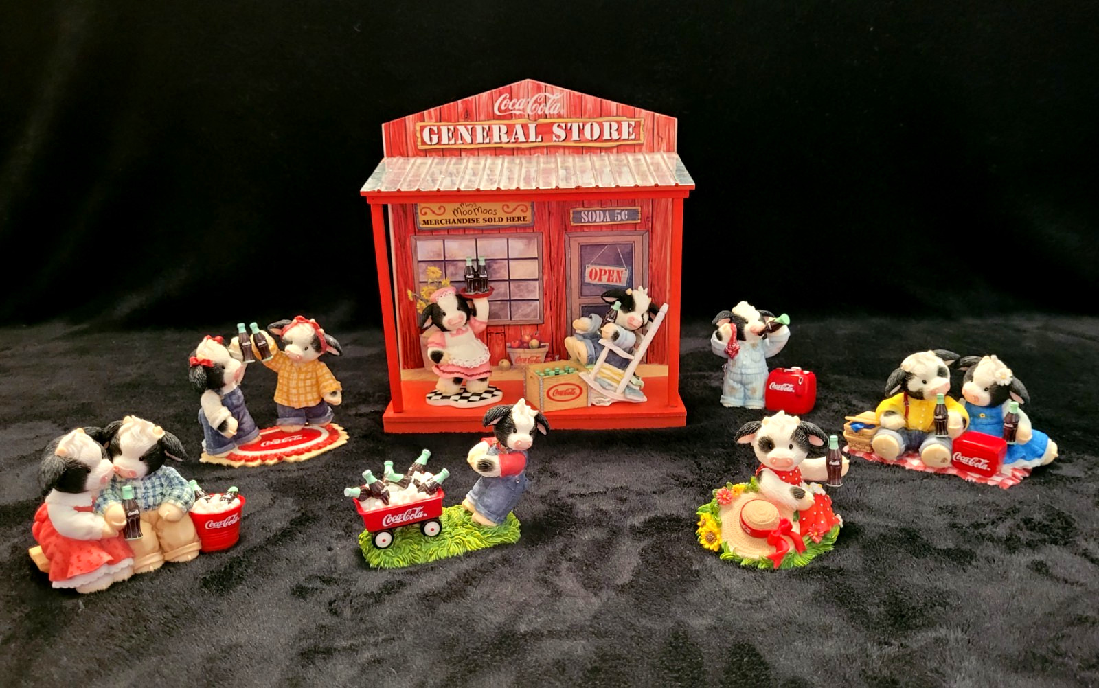 Vintage ENESCO Mary Moo Moos Coca Cola Collectables Bundle With Display Stand