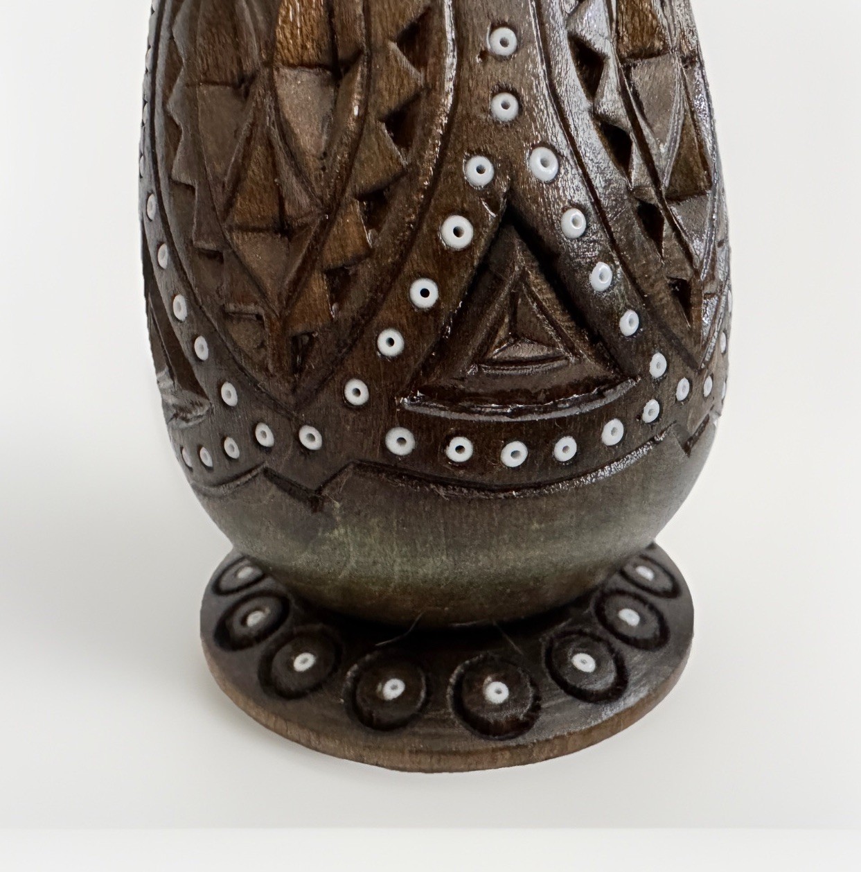 Kenya Carved Wooden Folk Art Egg Geometric Shapes with Stand 4” Tall